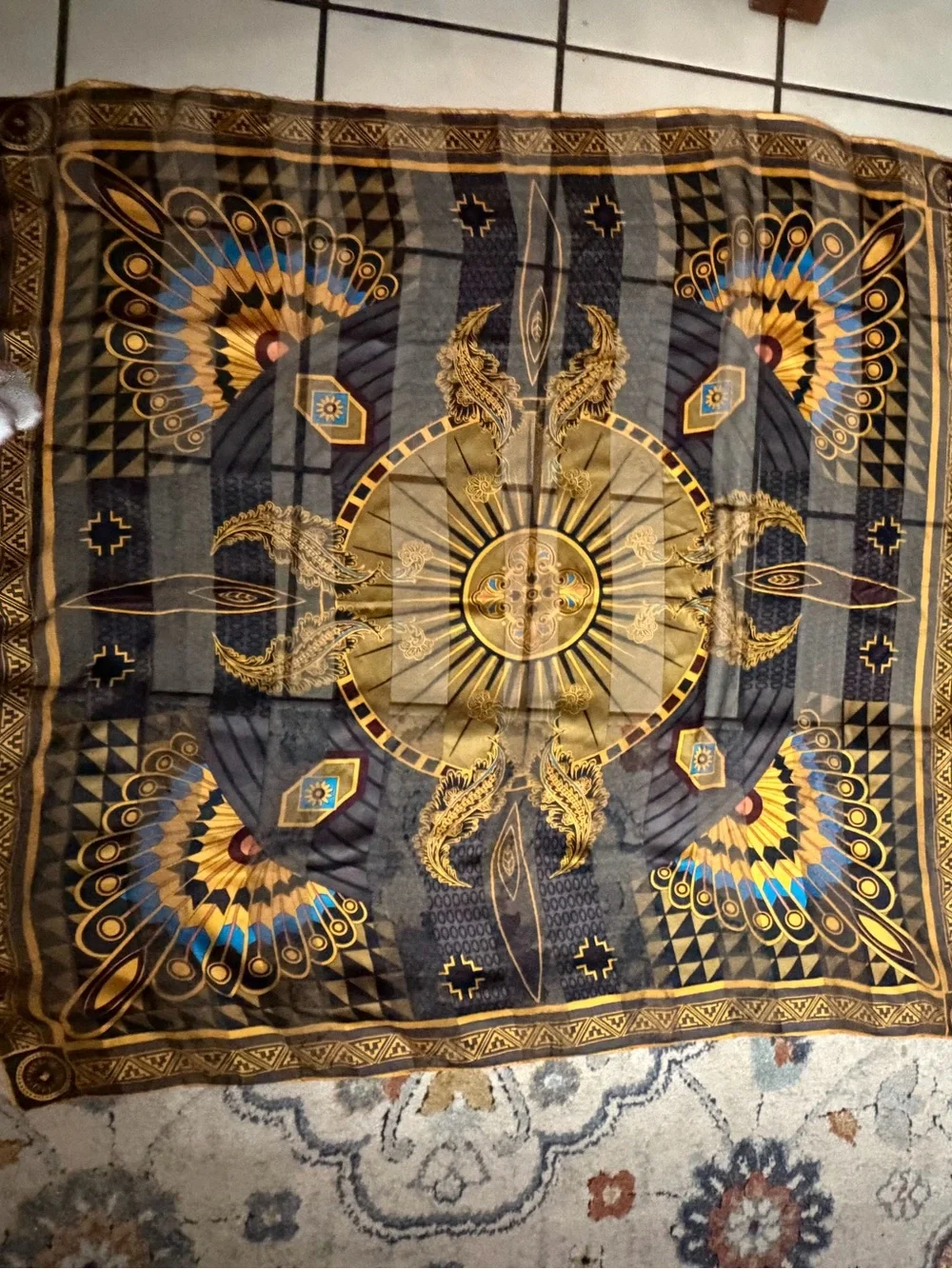 CIS TOM Printed Silk Scarf in Black, Gold & Blue